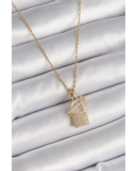 316L Çelik Gold Renk Zincir Zirkon Taşlı Asma Kilit Anahtar Model Kadın Kolye