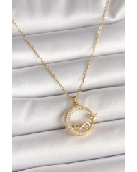 316L Çelik Gold Renk Zincir Zirkon Taşlı Ay Yıldız Model Sonsuzluk Detay Kadın Kolye
