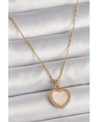 316L Çelik Gold Renk Zincir Zirkon Taşlı Beyaz Mineli Kalp Model Kadın Kolye