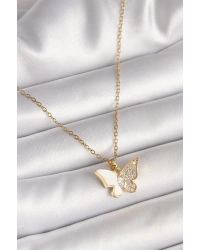 316L Çelik Gold Renk Zincir Zirkon Taşlı Beyaz Mineli Kelebek Model Kadın Kolye