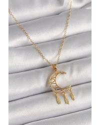 316L Çelik Gold Renk Zincir Zirkon Taşlı Hilal Model Sallantı Yaprak Detay Kadın Kolye