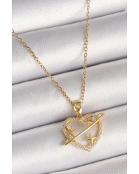 316L Çelik Gold Renk Zincir Zirkon Taşlı Kalp Model Yıldız Detay Kadın Kolye