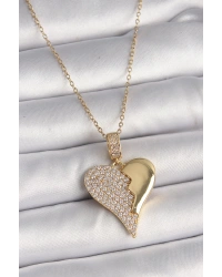 316L Çelik Gold Renk Zincir Zirkon Taşlı Kırık Kalp Model Kadın Kolye