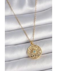 316L Çelik Gold Renk Zincr Mavi Taşlı Lotus Model Kadın Kolye