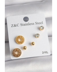 316L Çelik Gold Renk Zirkon Taşı Labirent Model Kadın Küpe Seti