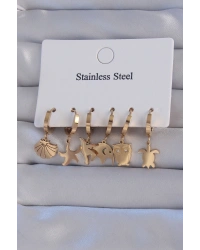 316L Çelik Gold Renk Zirkon Taşlı Hayvan Figürlü Deniz Yıldızı Model Halka Küpe Seti