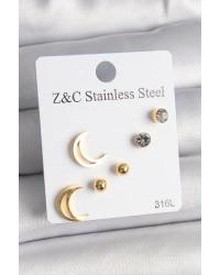 316L Çelik Gold Renk Zirkon Taşlı Hilal Model Kadın Küpe Seti