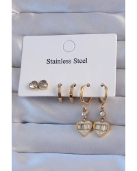 316L Çelik Gold Renk Zirkon Taşlı Kalp Model Halka Küpe Seti