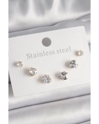 316L Çelik Gold Renk Zirkon Taşlı Kalp Model Kadın Küpe Seti