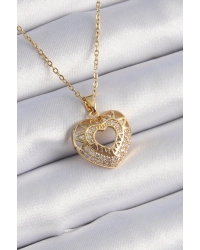 316L Çelik Gold Renk Zirkon Taşlı Kalp Model Vintage Kadın Kolye