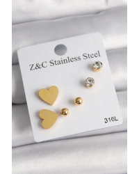 316L Çelik Gold Renk Zirkon Taşlı Kalpli Kadın Küpe Seti