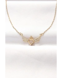 316L Çelik Gold Renk Zirkon Taşlı Kalpli Kanat Kolye