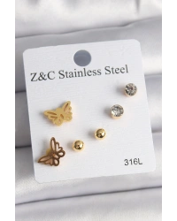 316L Çelik Gold Renk Zirkon Taşlı Kelebek Figür Kadın Küpe Seti