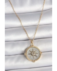 316L Çelik Gold Renk Zirkon Taşlı Pusula Model Kadın Kolye