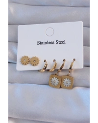 316L Çelik Gold Renk Zirkon Taşlı Sedefli Papatya Model Halka Küpe Seti