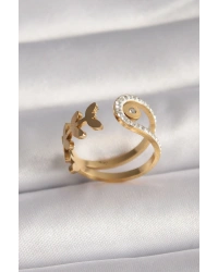 316L Çelik Gold Renk Zirkon Taşlı Yaprak Model Kadın Yüzük