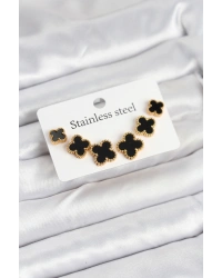 316L Çelik Gold Siyah Renk 3 Boy Yonca Küpe Seti