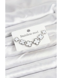 316L Çelik Gümüş Beyaz Renk 3 Boy Yonca Küpe Seti