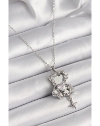 316L Çelik Gümüş Renk Ayna Ayıcık Model Zirkon Taşlı Kalp Detay Kadın Kolye