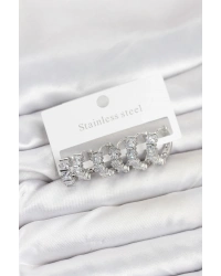 316L Çelik Gümüş Renk Baget Zirkon Taşlı Halka Küpe Seti