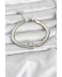 316L Çelik Gümüş Renk Baget Zirkon Taşlı Yılan Zincirli Kadın Bileklik