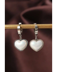 316L Çelik Gümüş Renk Beyaz Bombeli Kalp Küpe