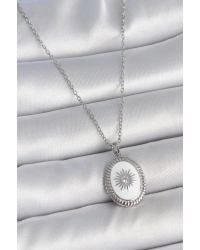 316L Çelik Gümüş Renk Beyaz Mineli Güneş İşlemeli Nazar Boncuk Detay Madalyon Model Kadın Kolye