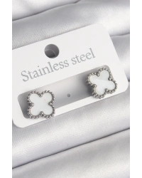 316L Çelik Gümüş Renk Beyaz Yonca Model Kadın Küpe