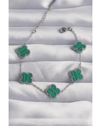 316L Çelik Gümüş Renk Çizgili Yeşil Mineli Yonca Bileklik