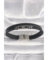 316L Çelik Gümüş Renk Gemi Dümeni Figür Siyah Burgu Deri Kordon Model Erkek Bileklik