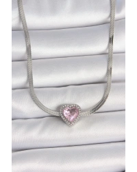 316L Çelik Gümüş Renk İtalyan Zincir Pembe Zirkon Taşlı Kalp Model Kadın Kolye