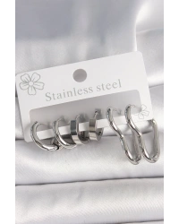 316L Çelik Gümüş Renk Kalp Halka Model Kadın Küpe Seti