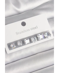 316L Çelik Gümüş Renk Kare Zirkon Taşlı Kadın Küpe Seti