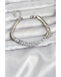 316L Çelik Gümüş Renk Kare Zirkon Taşlı Yılan Zincirli Kadın Bileklik