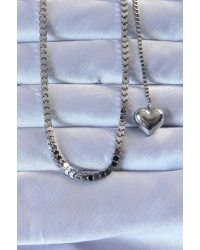 316L Çelik Gümüş Renk Küp Zincirli Kalpli Kolye