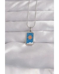 316L Çelik Gümüş Renk Mavi Mineli Güneş Model Tarot Kolye