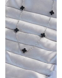 316L Çelik Gümüş Renk Minimal Siyah Mineli Yonca Kolye