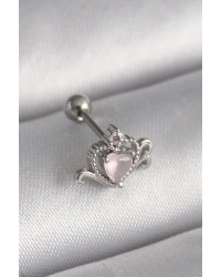 316L Çelik Gümüş Renk Pembe Mineli Kalp Zirkon Taş Detay Tragus Piercing