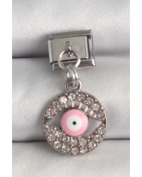 316L Çelik Gümüş Renk Sallantı Zirkon Taşlı Pembe Göz Model Nomination Charm