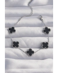 316L Çelik Gümüş Renk Siyah Mineli Yonca Bileklik