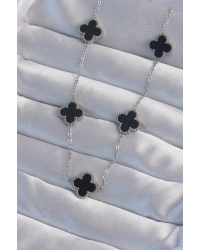 316L Çelik Gümüş Renk Siyah Mineli Yonca Kolye