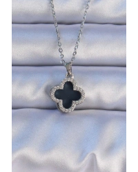 316L Çelik Gümüş Renk Siyah Mineli Zirkon Taşlı Yonca Figürlü Kolye