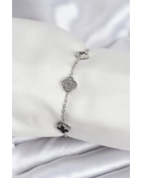 316L Çelik Gümüş Renk Siyah ve Zirkon Taşlı Baby Boy Yonca Kadın Bileklik