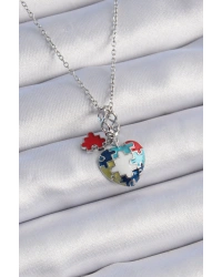 316L Çelik Gümüş Renk Yapboz Motif Kalp Figür Charm Model Kadın Kolye