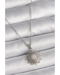 316L Çelik Gümüş Renk Zincir Beyaz Mineli Güneş Model Kadın Kolye