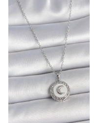 316L Çelik Gümüş Renk Zincir Beyaz Mineli Hilal İşlemeli Madalyon Model Kadın Kolye