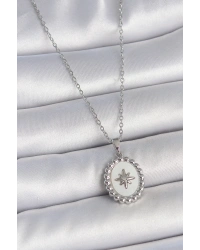 316L Çelik Gümüş Renk Zincir Beyaz Mineli Kutup Yıldız İşlemeli Madalyon Model Kadın Kolye