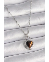 316L Çelik Gümüş Renk Zincir Kilit Kalp Kehribar Boncuk Model Kadın Kolye