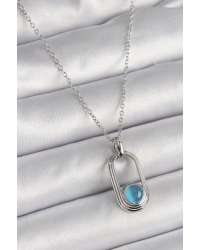 316L Çelik Gümüş Renk Zincir Mavi Kedi Göz Model Kadın Kolye