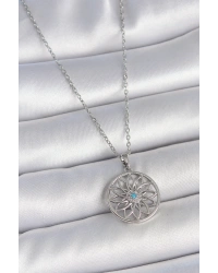 316L Çelik Gümüş Renk Zincir Mavi Taşlı Lotus Model Kadın Kolye